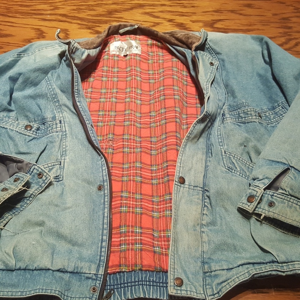 Vintage denim jacket, leather collar, flanel lined